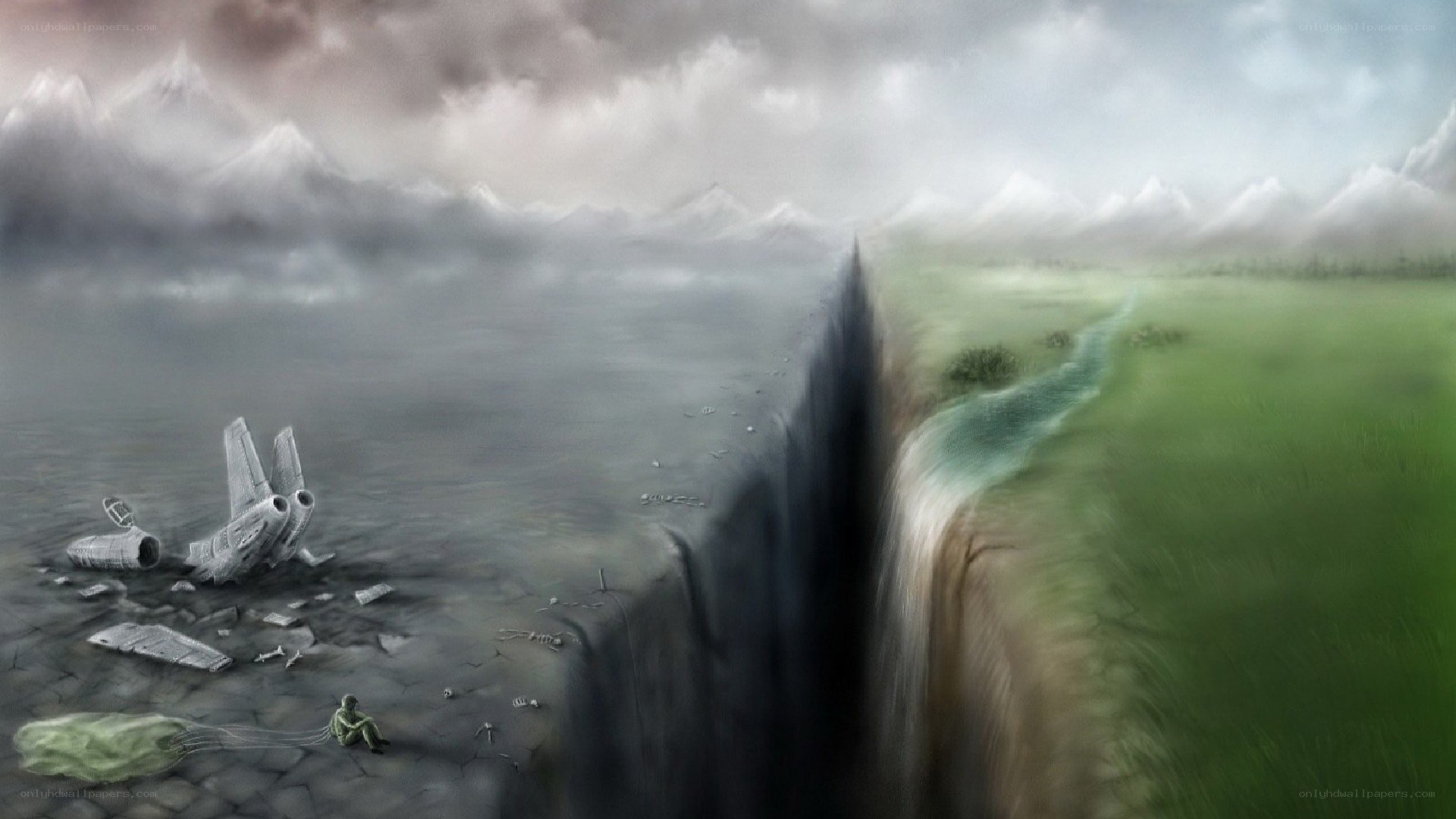 Apocalyptic landscape with crash site