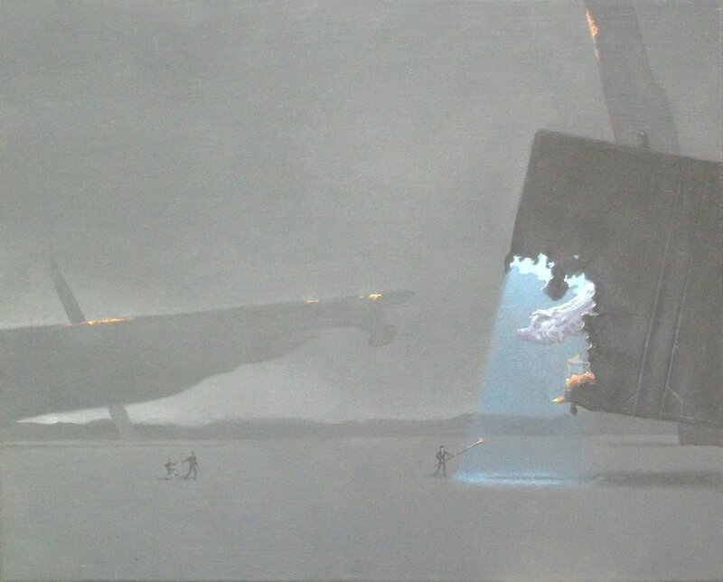 Apocalyptic landscape with crashed aircraft