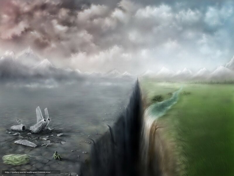 Apocalyptic landscape with crashed ship