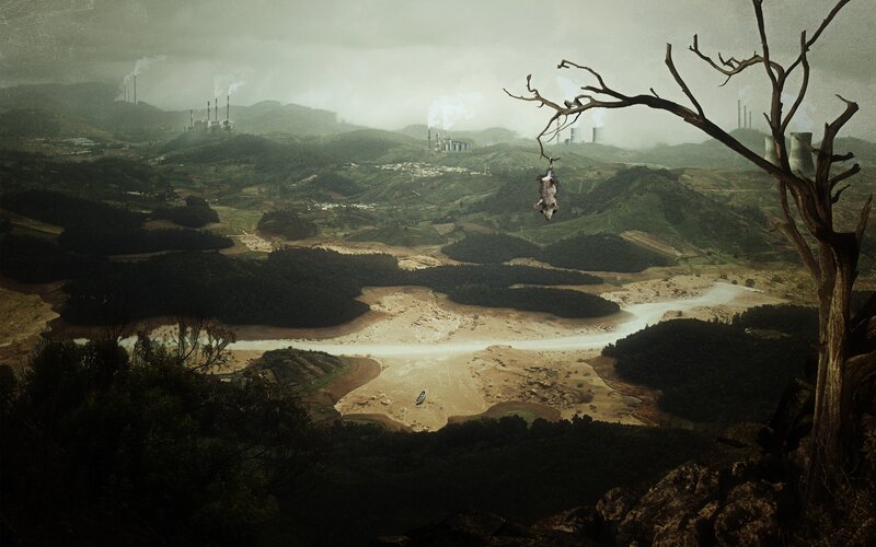 Apocalyptic landscape with dead tree