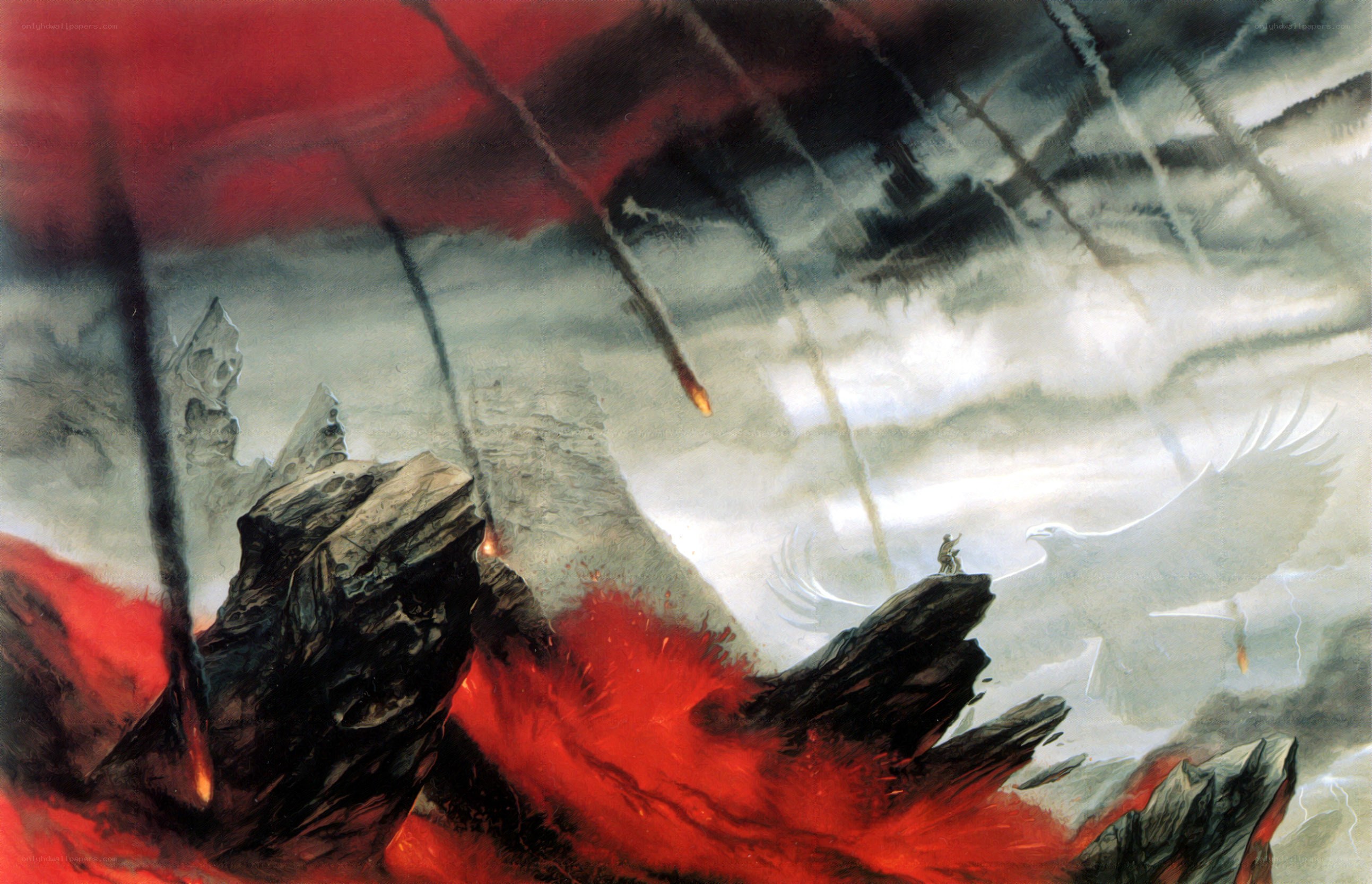 Apocalyptic landscape with falling meteors