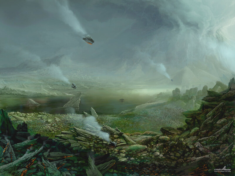 Apocalyptic landscape with falling meteors