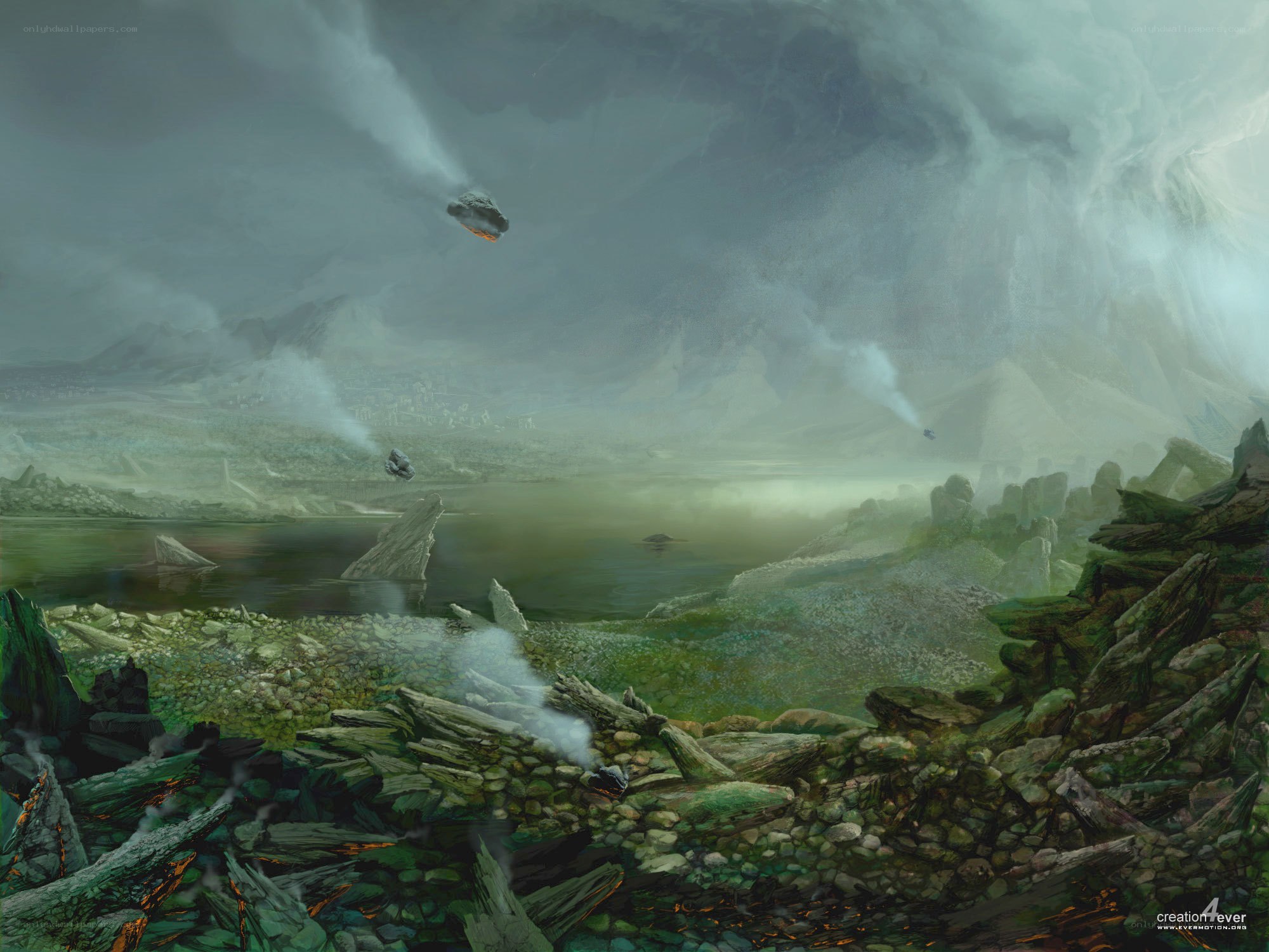 Apocalyptic landscape with falling meteors