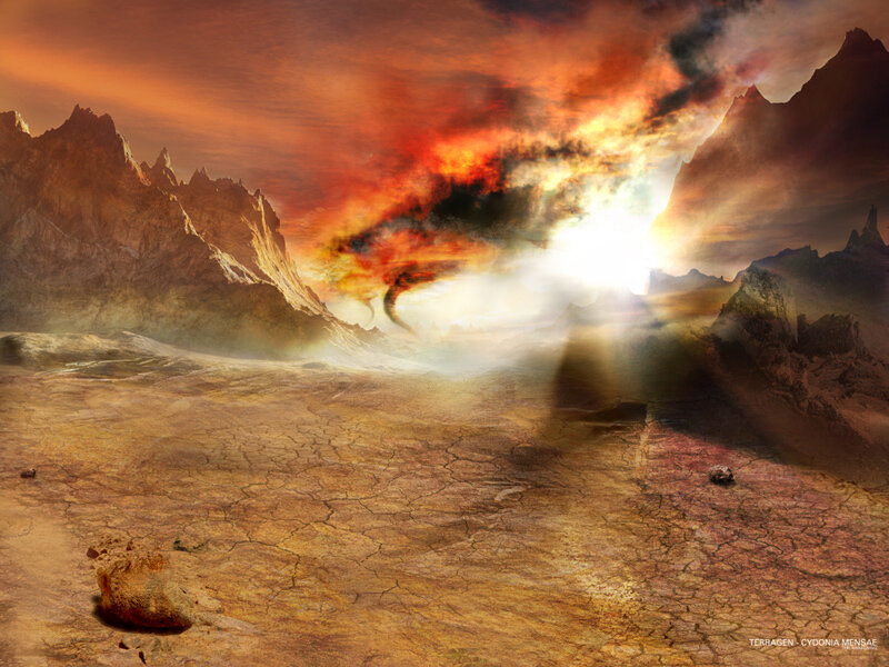 Apocalyptic landscape with firestorm