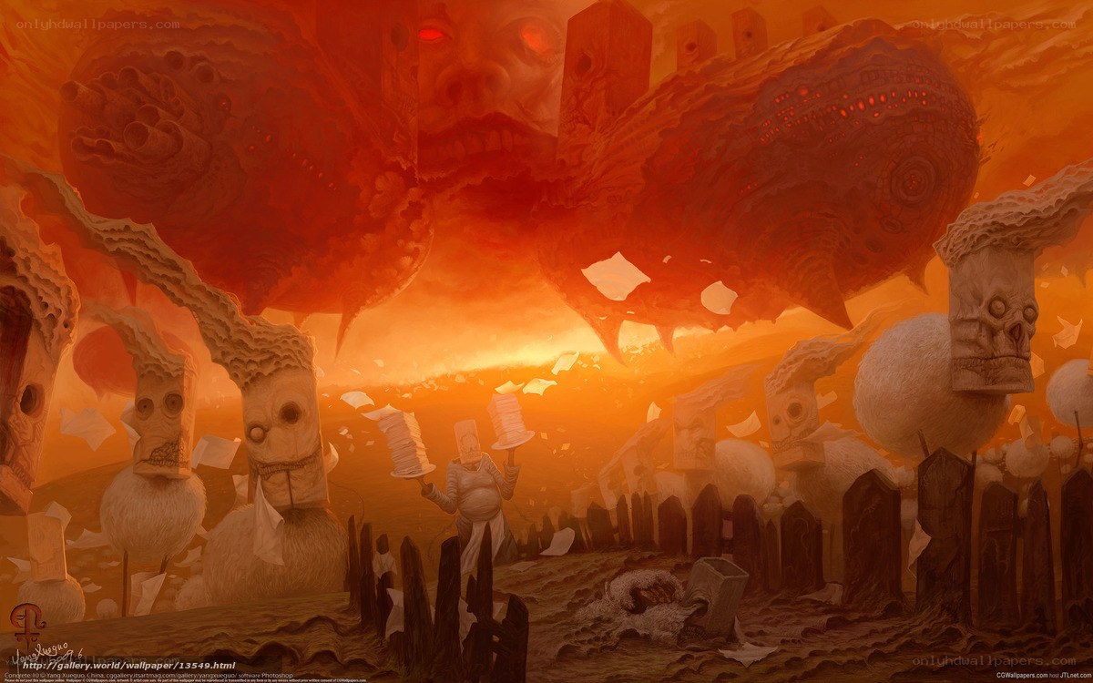 Apocalyptic landscape with floating heads