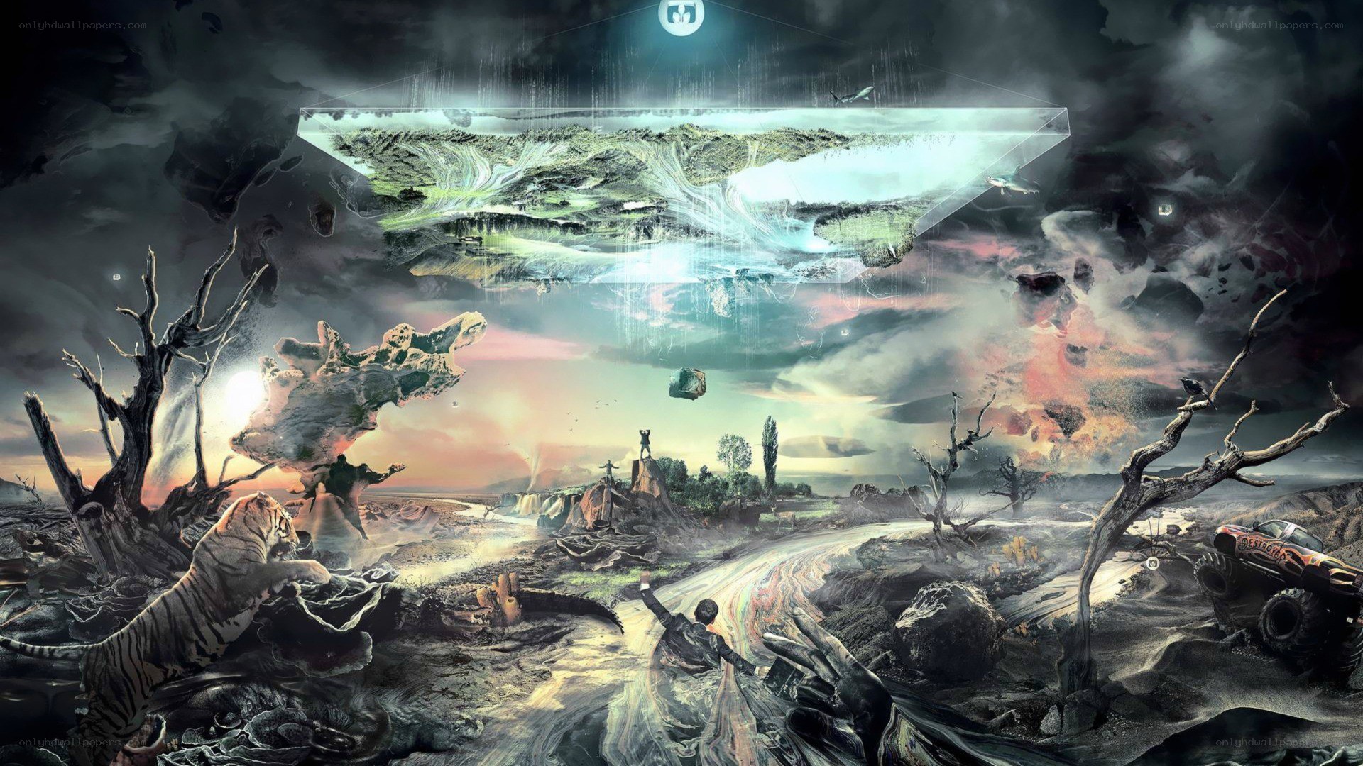 apocalyptic landscape with floating island