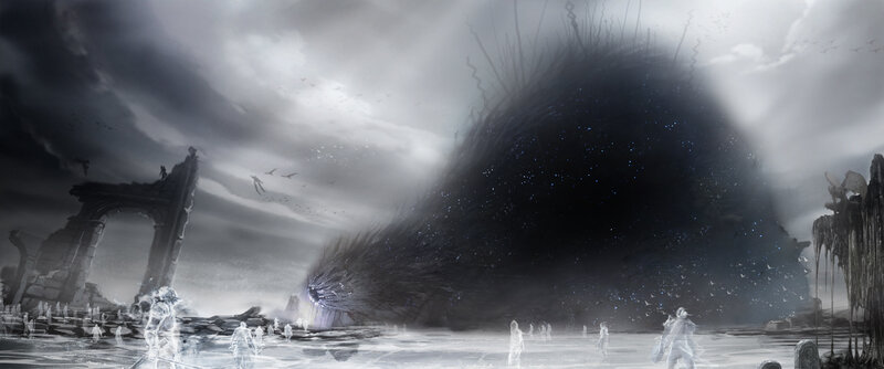 Apocalyptic landscape with giant entity