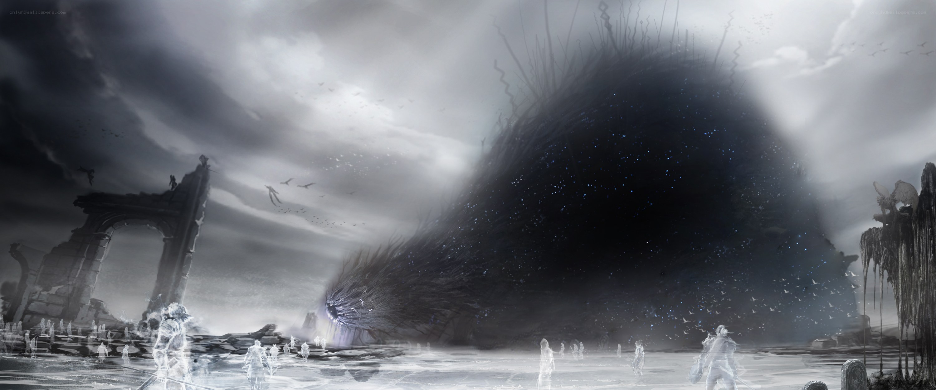 Apocalyptic landscape with giant entity