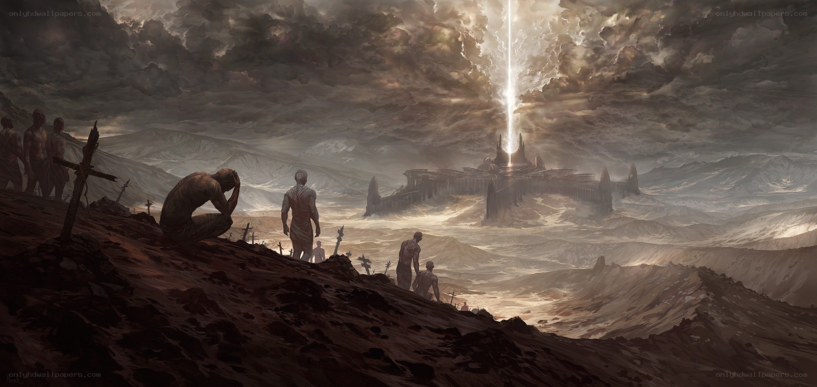 Apocalyptic landscape with light beam