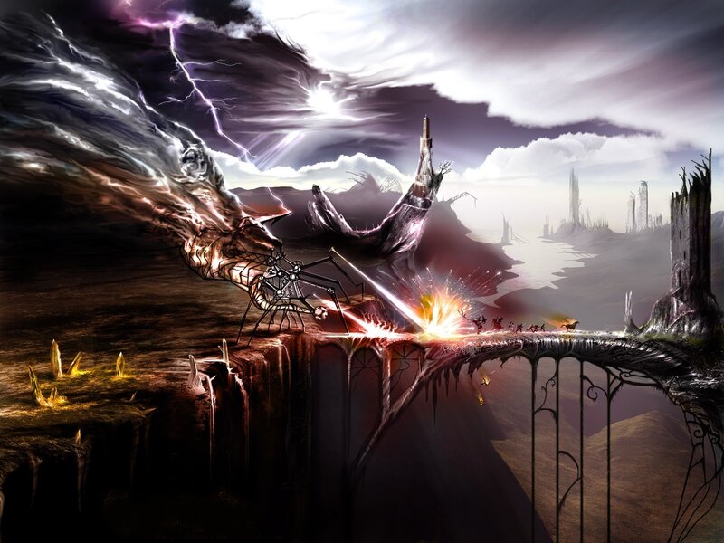 Apocalyptic landscape with mechanical creature