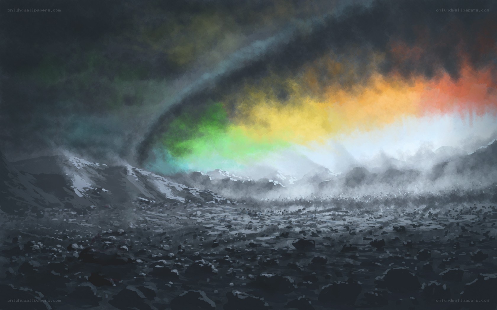 Apocalyptic landscape with rainbow storm