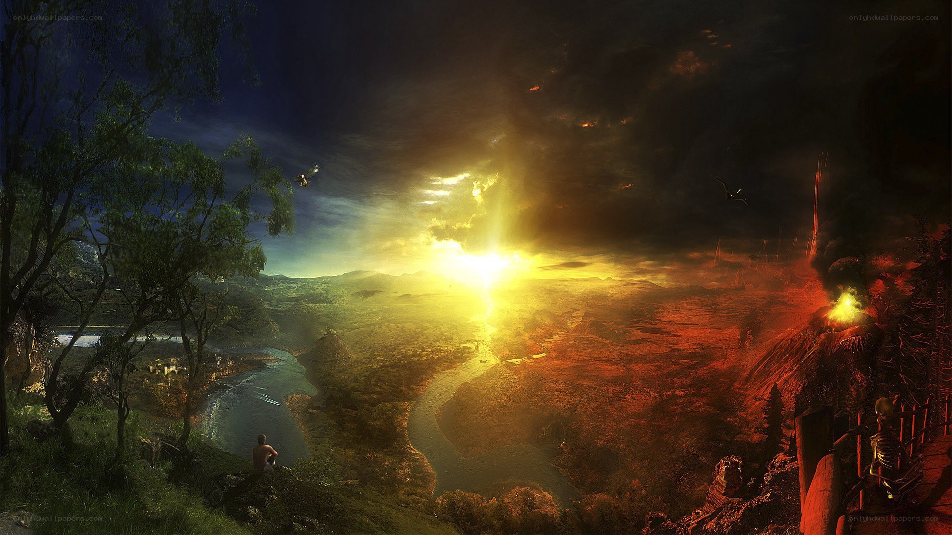 apocalyptic landscape with volcano