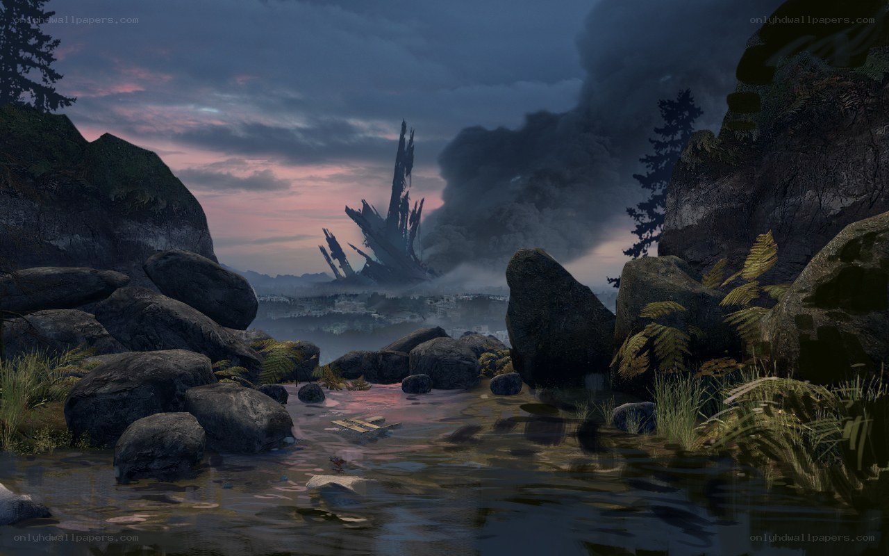 Apocalyptic landscape with wreckage