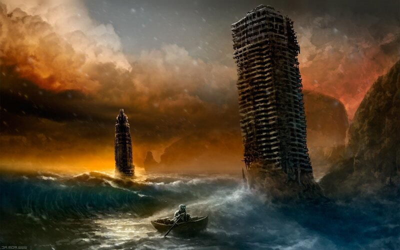 Apocalyptic sea with ruined towers