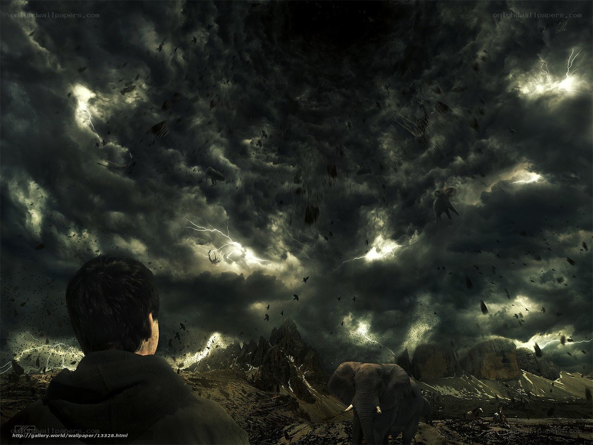 Apocalyptic sky with elephants