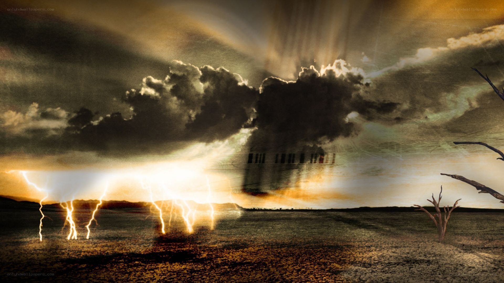 Apocalyptic storm over barren land