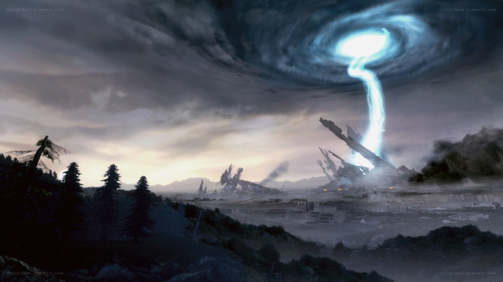 Apocalyptic storm over ruined city