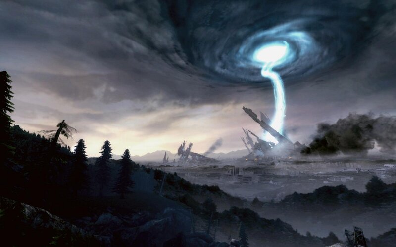 Apocalyptic storm over ruined city