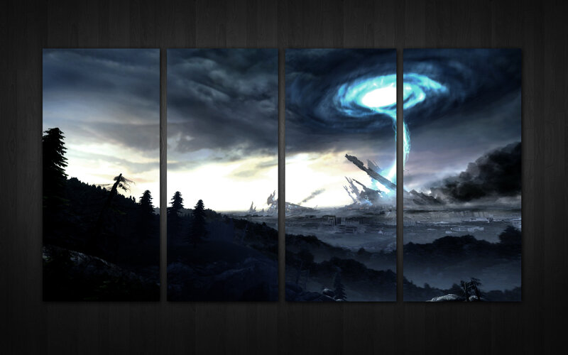 Apocalyptic storm over ruined city