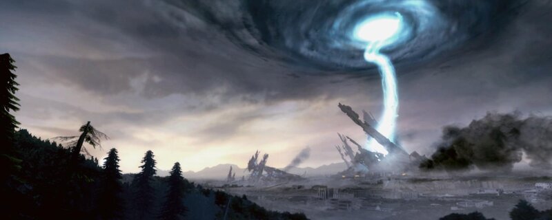 Apocalyptic storm over ruined city