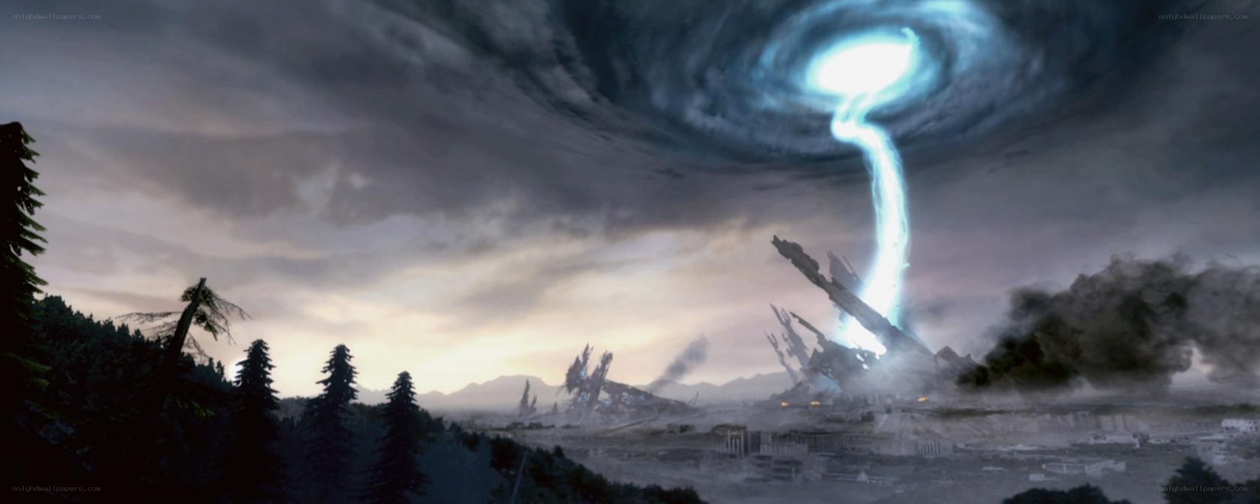 Apocalyptic storm over ruined city