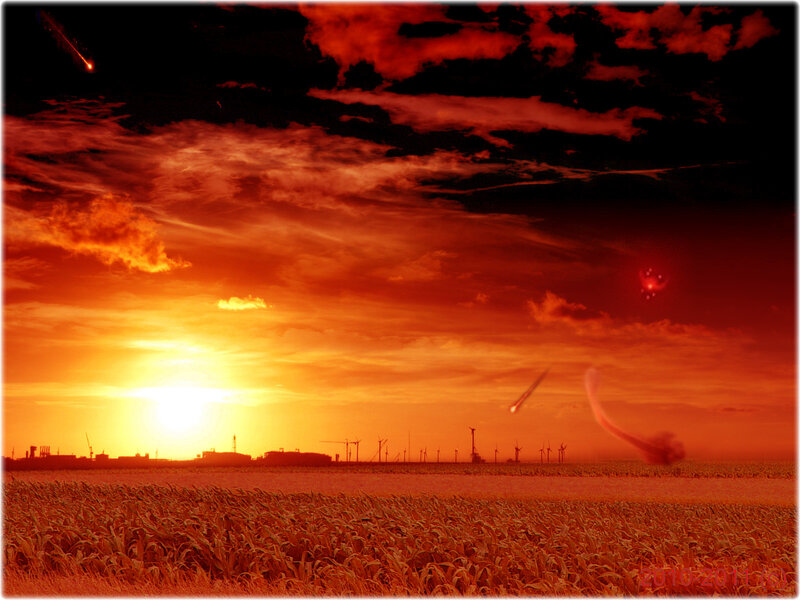 Apocalyptic sunset with meteors