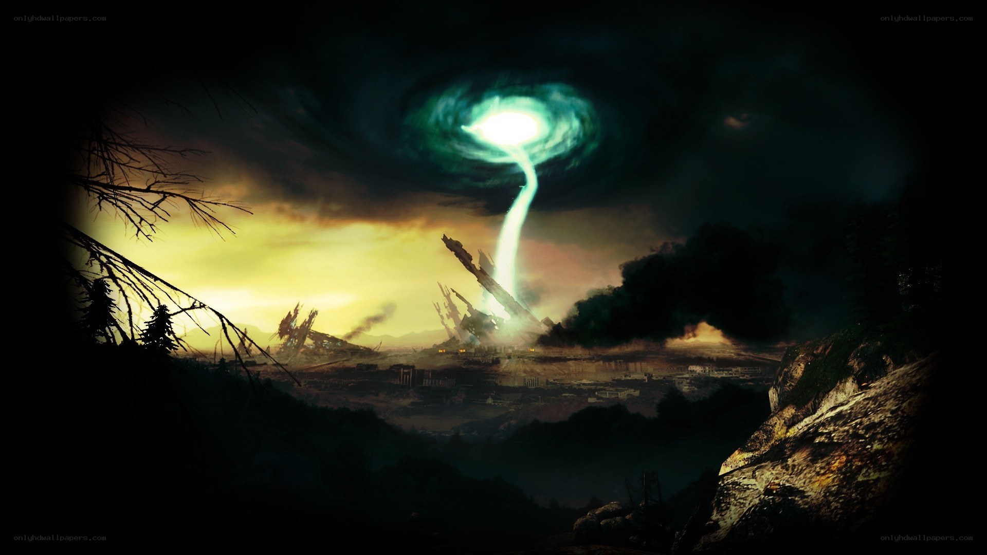 Apocalyptic vortex over ruined city