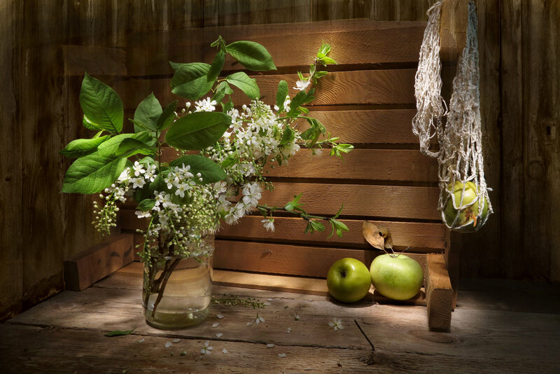 Apple and Flowers in Vase