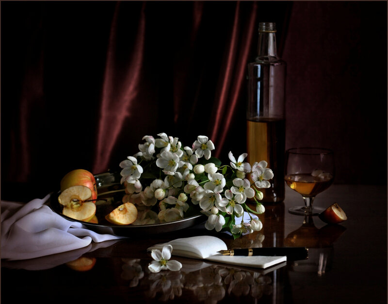 Apple and Flowers on Table
