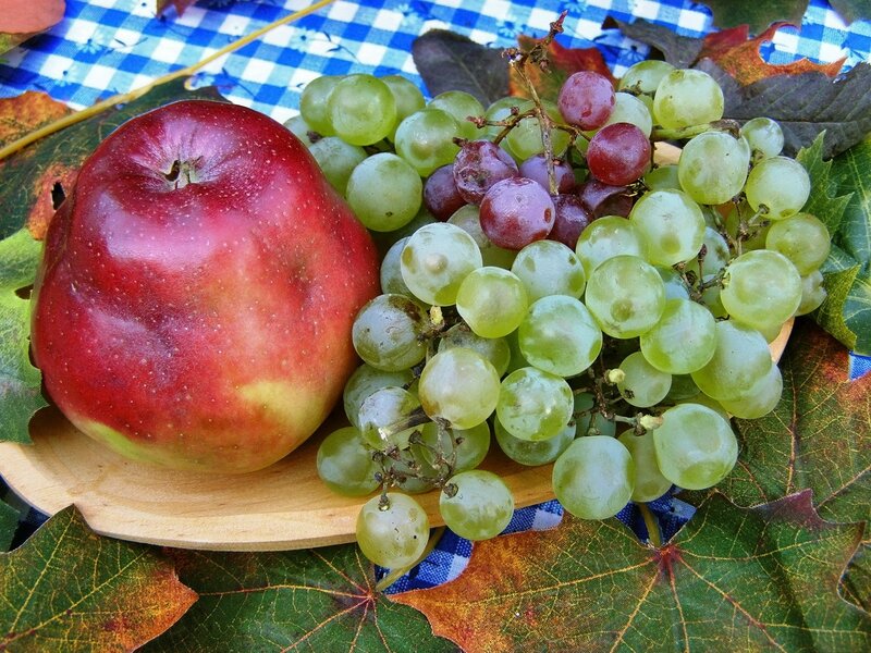 apple and grapes on a plaid cloth