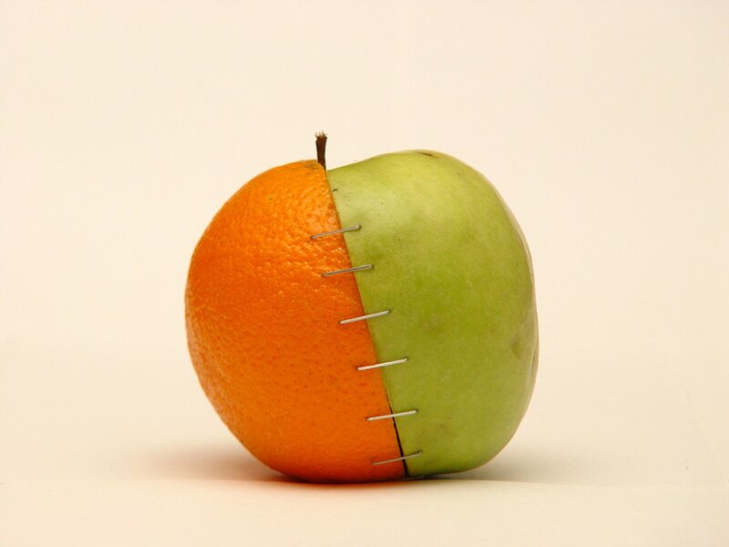apple and orange stitched together