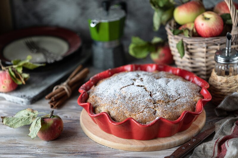 Apple Cake in Red Dish