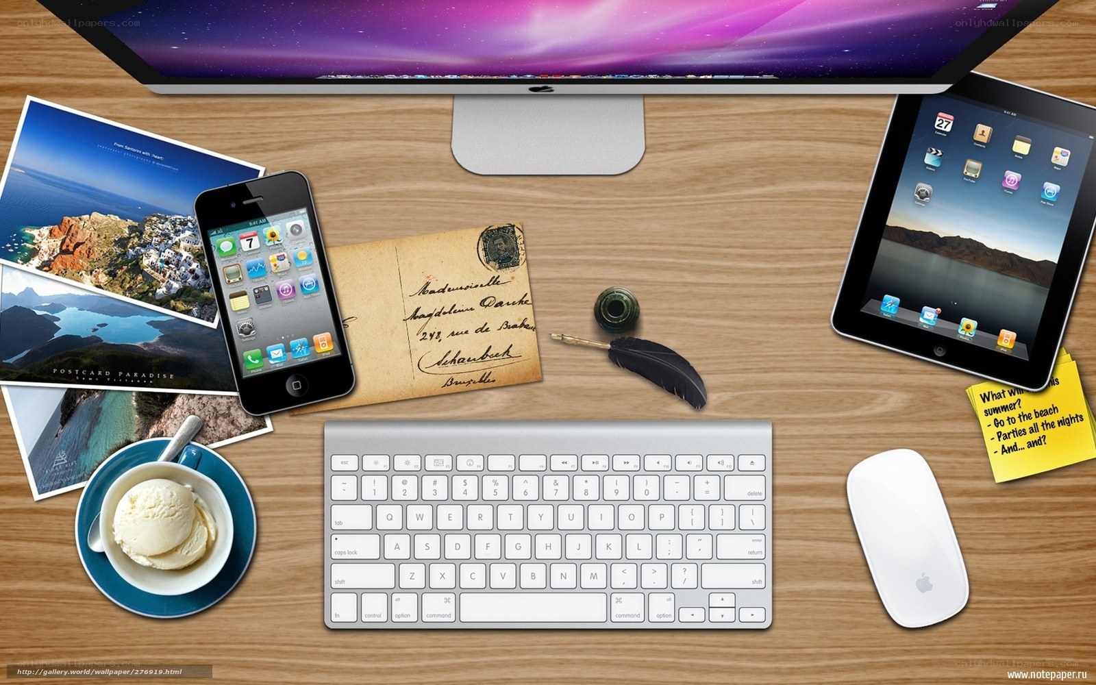 Apple devices on wooden desk