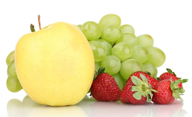 Apple Grapes Strawberries — Yellow, Fresh, Photograph, Reflection