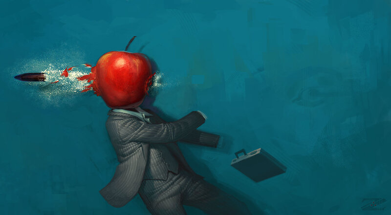 apple-headed businessman underwater