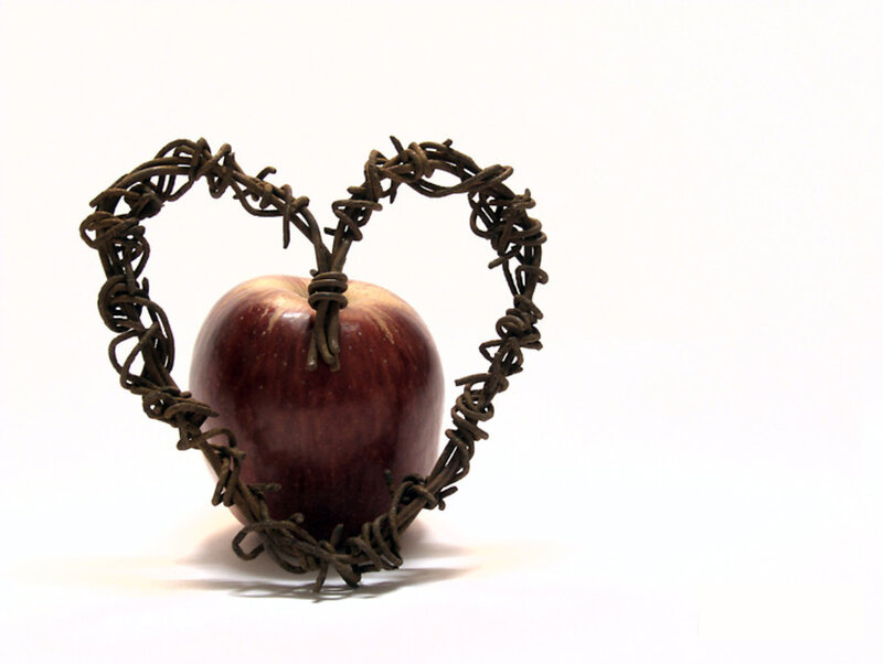 apple in heart-shaped wire