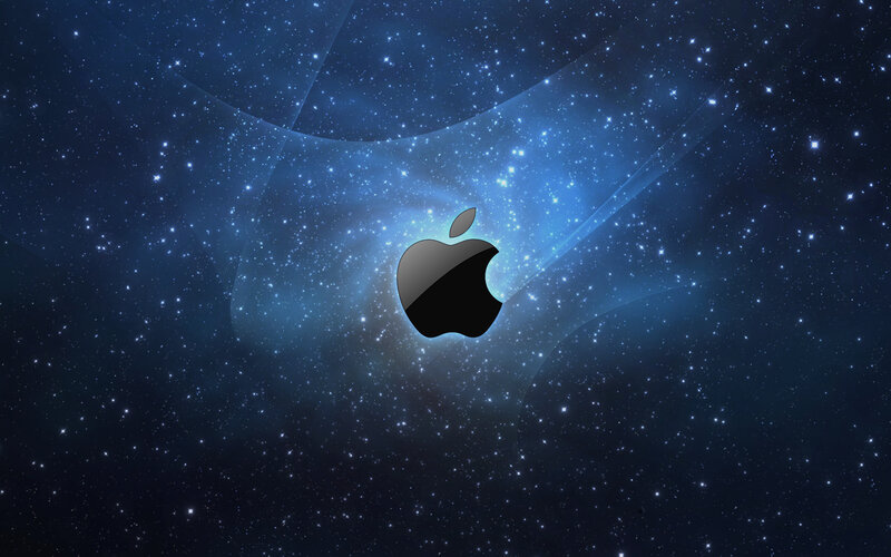Apple Logo in Space — Blue, Cosmic, Night, Digital Art, Stars, Galaxy, Light Beams, Black