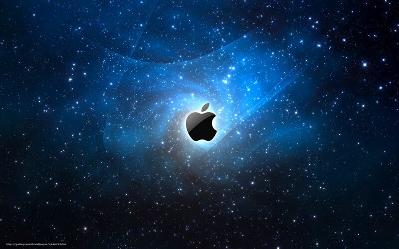 Apple Logo in Space — Blue, Cosmic, Night, Digital Art, Stars, Galaxy, Light Beams