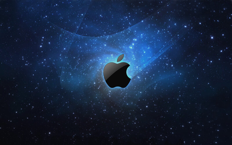 Apple Logo in Space — Blue, Cosmic, Night, Digital Art, Stars, Galaxy, Light Streaks
