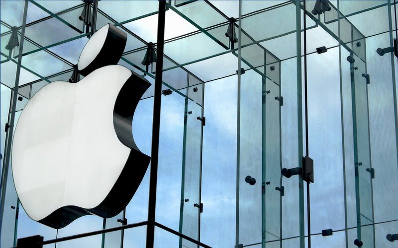 Apple Logo on Glass Building — White