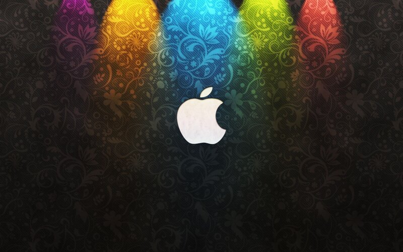 Apple Logo on Patterned Background — Black, Dramatic, Digital Art, Floral Pattern, Spotlights