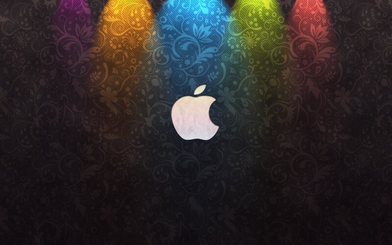 Apple Logo on Patterned Background — Black, Dramatic, Digital Art, Floral Pattern
