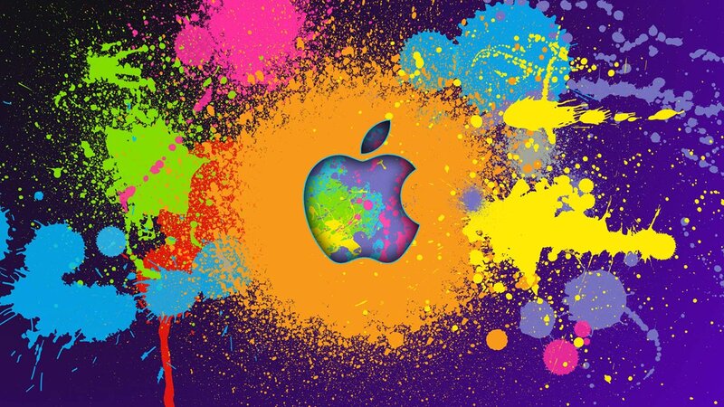 Apple Logo with Paint Splatters — Purple, Vibrant, Digital Art
