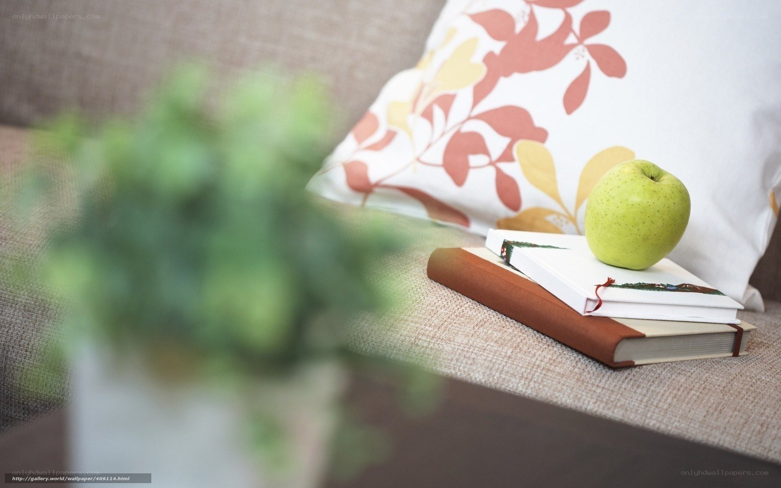 apple on books on couch