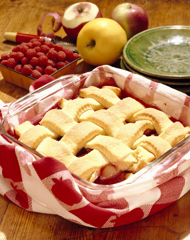 Apple raspberry pie in baking dish