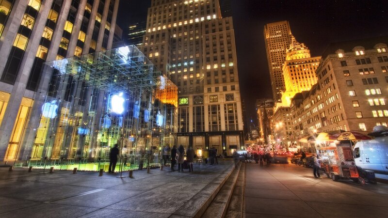 Apple Store at Night — Black, Dramatic, Photograph, Skyscrapers, Pedestrians
