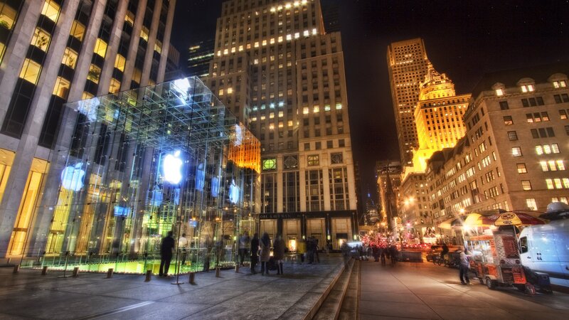 Apple Store at Night — Black, Dramatic, Photograph