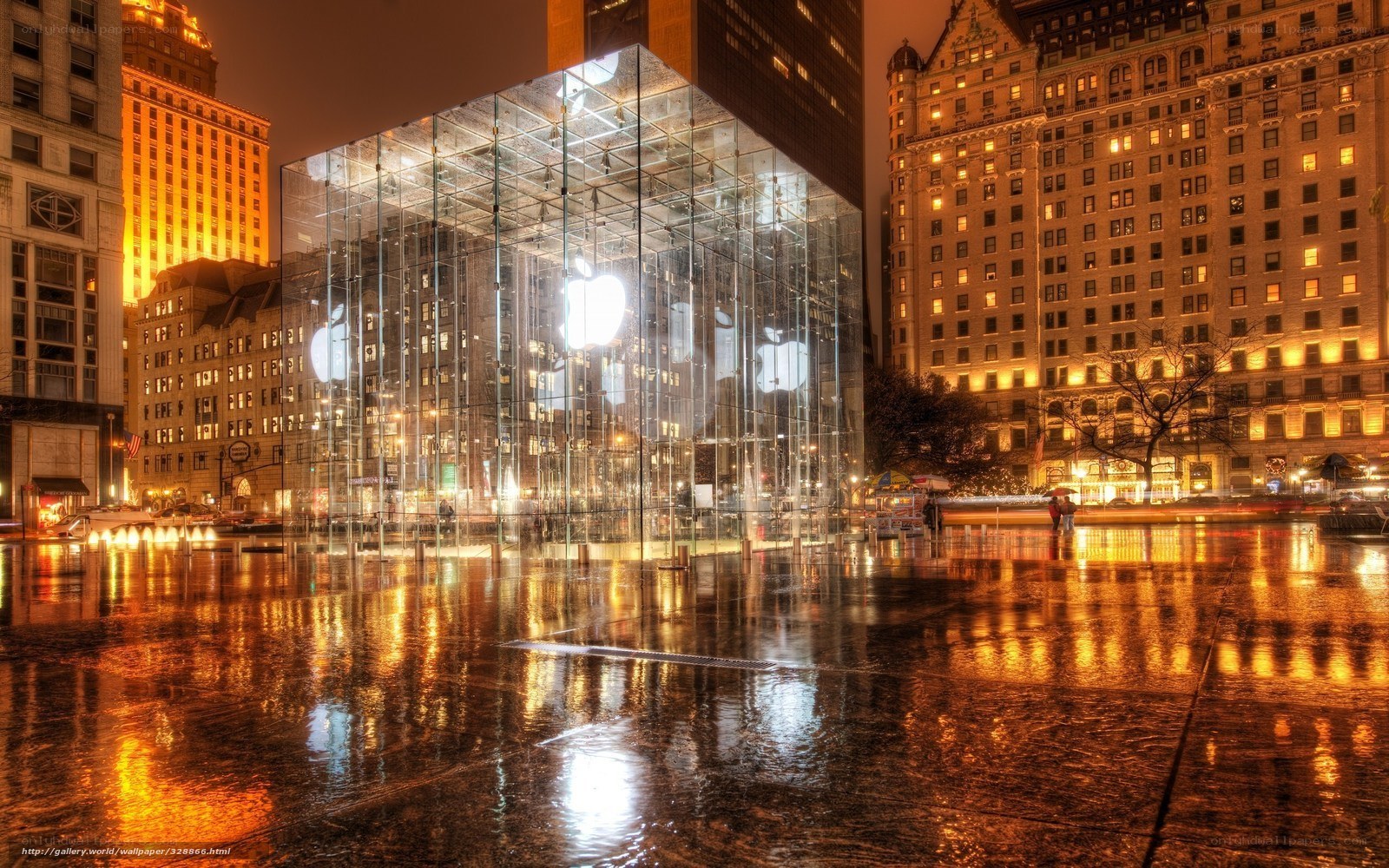 Apple Store at night in rain