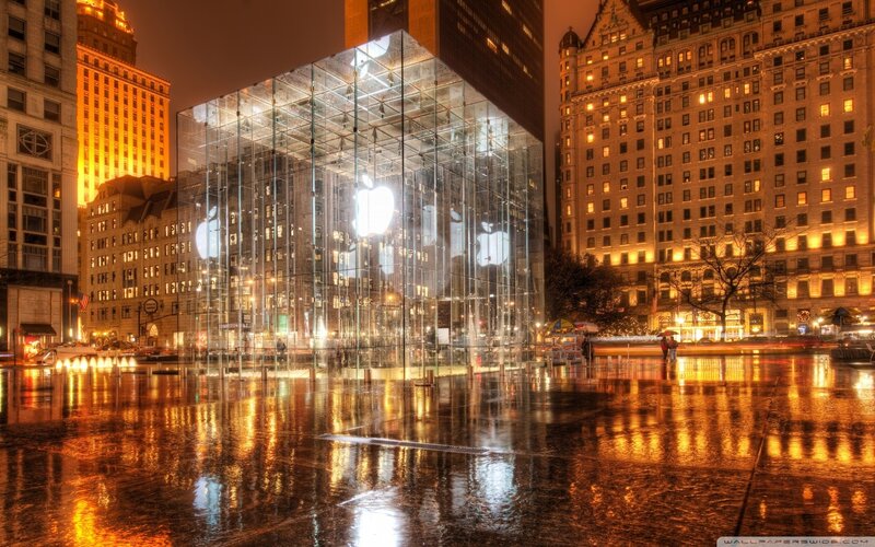 Apple Store Glass Cube — Orange, Dramatic, Night, Photograph