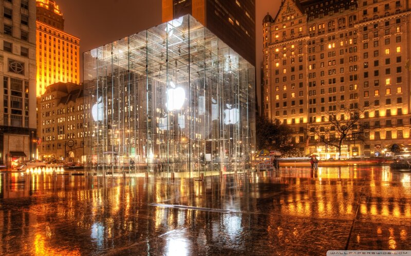 Apple Store Glass Cube — Orange, Dramatic, Night